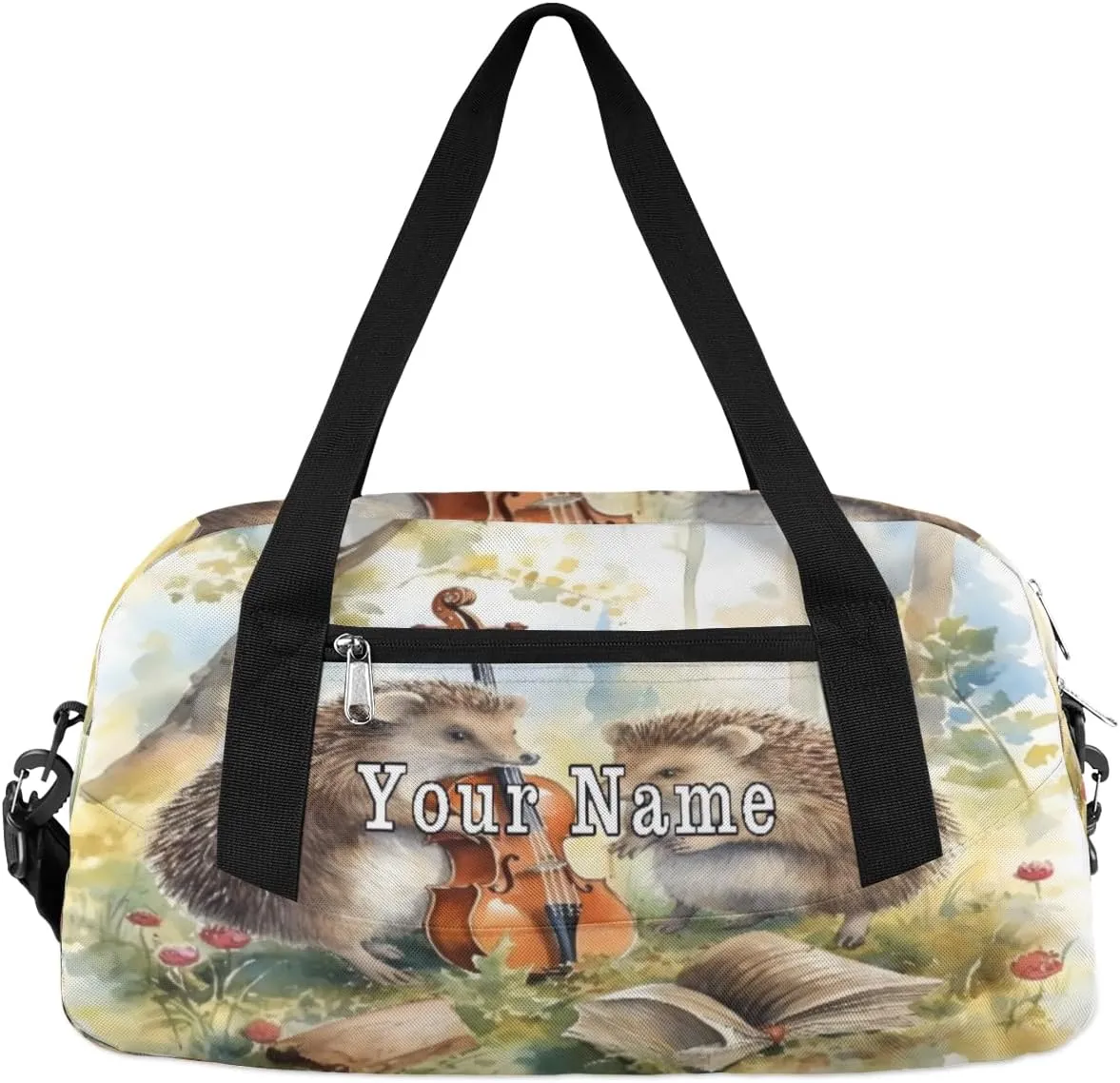 Personalized Kids Duffel Bag Forest Animal Hedgehog Guitar,Custom Sport Gym Bag for Boys Girls,WWeekender Overnight Bags Travel Duffel Bag,Customized Kids Gift