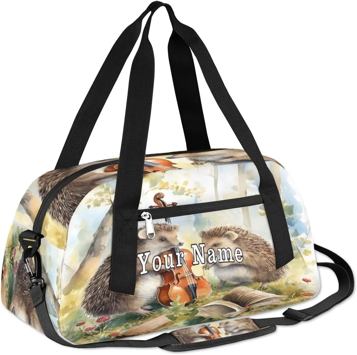 Personalized Kids Duffel Bag Forest Animal Hedgehog Guitar,Custom Sport Gym Bag for Boys Girls,WWeekender Overnight Bags Travel Duffel Bag,Customized Kids Gift