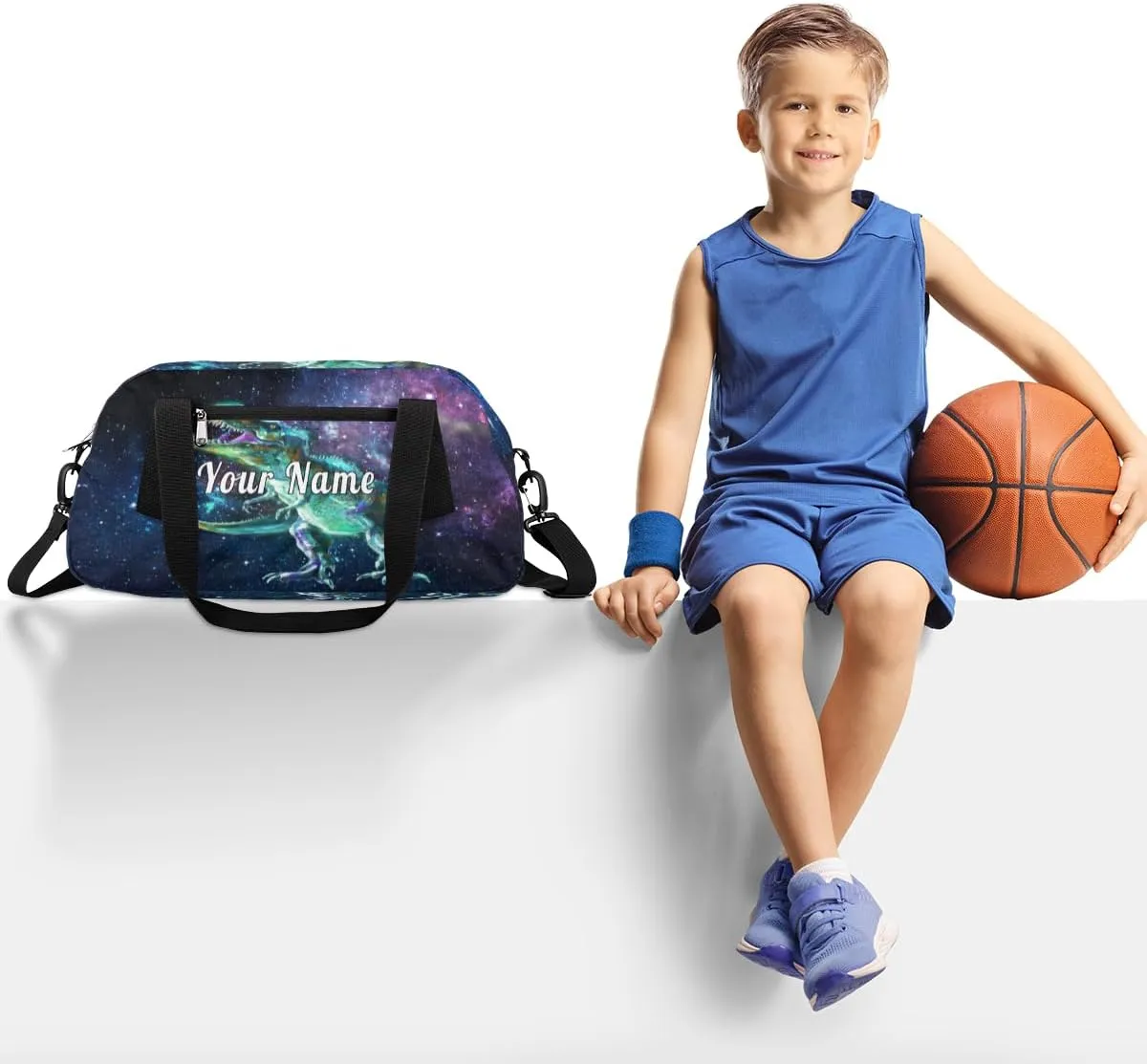 Personalized Kids Duffel Bag Galaxy Dinosaur,Custom Sport Gym Bag for Boys Girls,WWeekender Overnight Bags Travel Duffel Bag,Customized Kids Gift