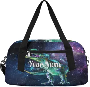 Personalized Kids Duffel Bag Galaxy Dinosaur,Custom Sport Gym Bag for Boys Girls,WWeekender Overnight Bags Travel Duffel Bag,Customized Kids Gift