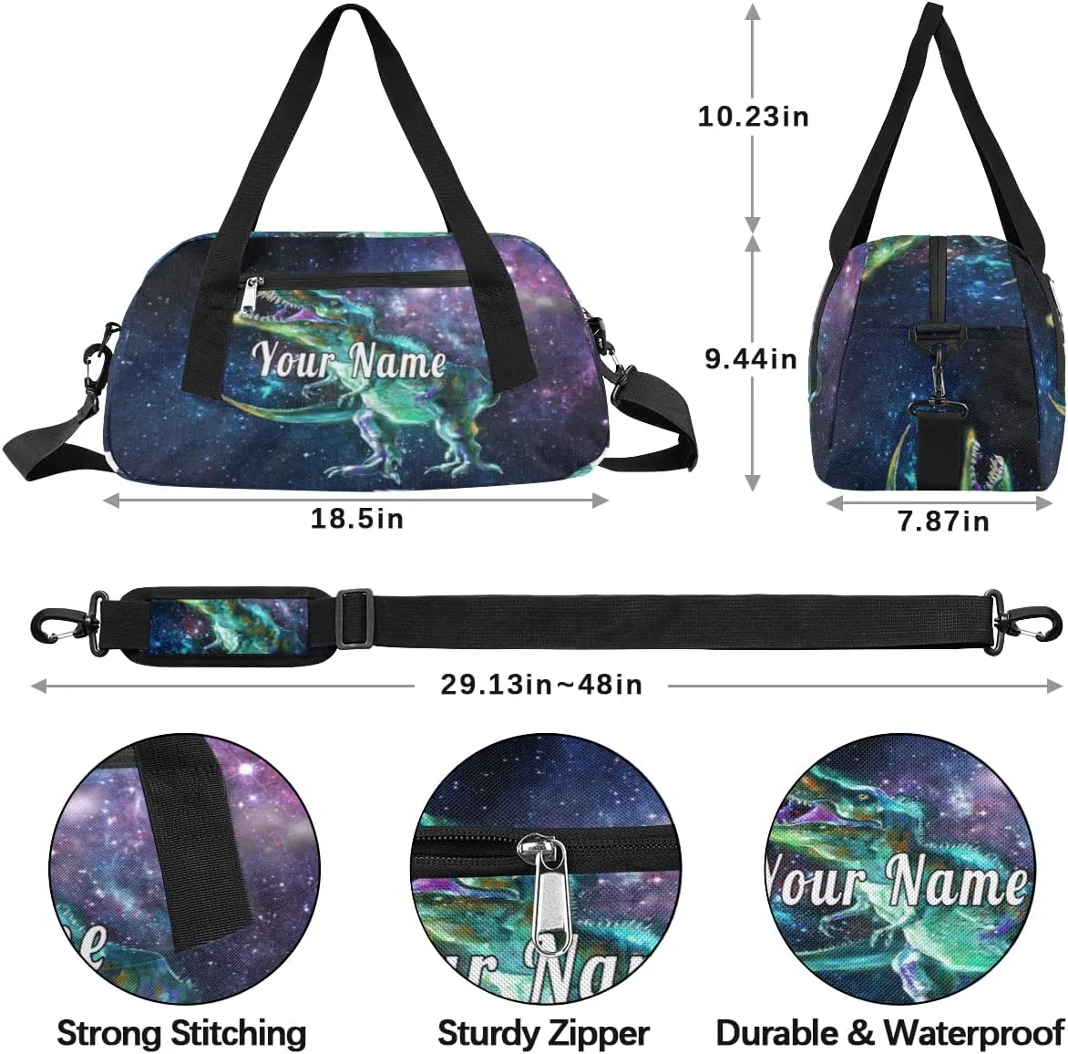 Personalized Kids Duffel Bag Galaxy Dinosaur,Custom Sport Gym Bag for Boys Girls,WWeekender Overnight Bags Travel Duffel Bag,Customized Kids Gift