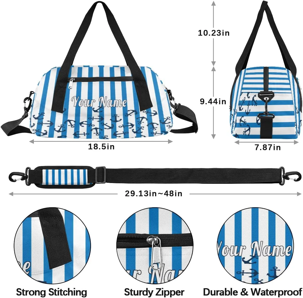 Personalized Kids Duffel Bag Marine Nautical Anchor Patten,Custom Sport Gym Bag for Boys Girls,WWeekender Overnight Bags Travel Duffel Bag,Customized Kids Gift