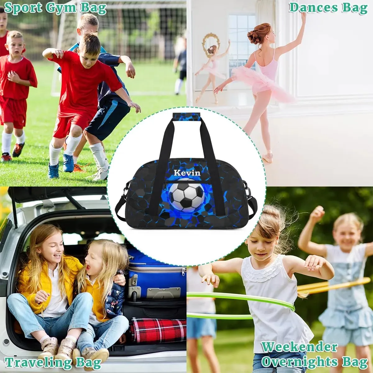 Personalized Kids Sports Duffel Bag with Name Custom Weekender Overnight Bag for Boys Girls Gym Bag Travel Dance Gymnastics Duffel Bag, Cool Soccer Sports