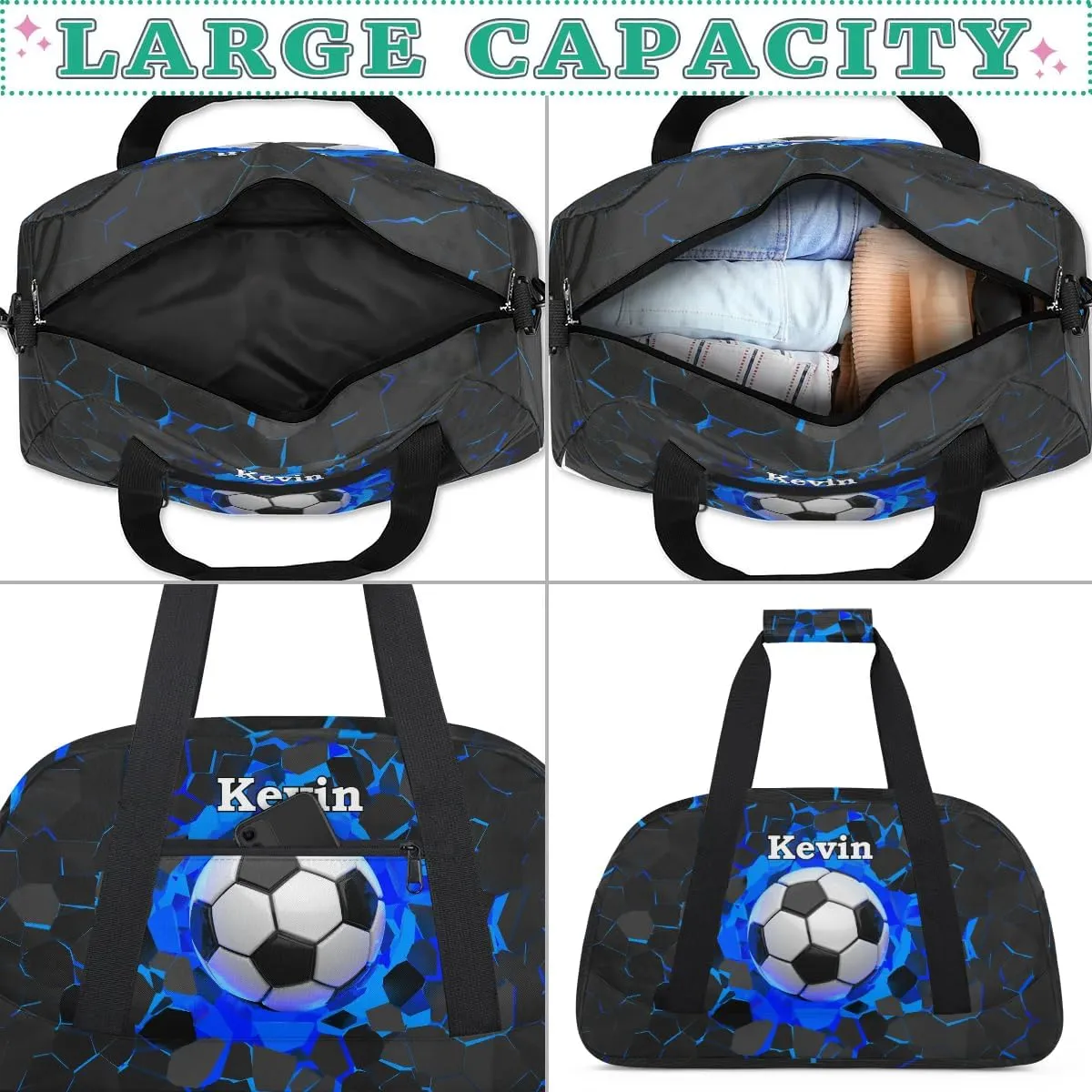 Personalized Kids Sports Duffel Bag with Name Custom Weekender Overnight Bag for Boys Girls Gym Bag Travel Dance Gymnastics Duffel Bag, Cool Soccer Sports