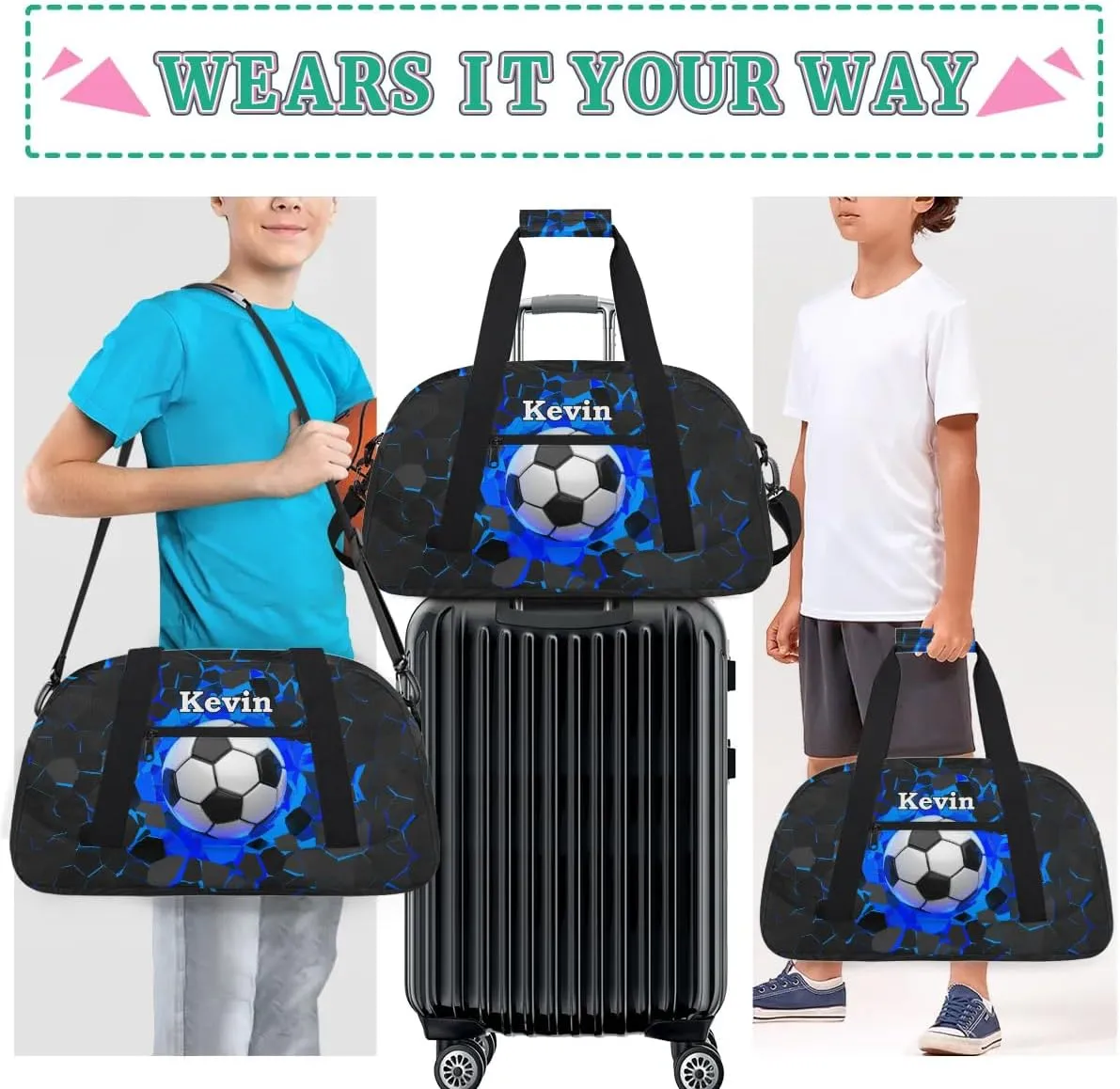 Personalized Kids Sports Duffel Bag with Name Custom Weekender Overnight Bag for Boys Girls Gym Bag Travel Dance Gymnastics Duffel Bag, Cool Soccer Sports