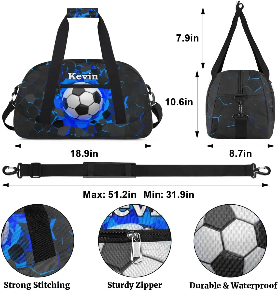 Personalized Kids Sports Duffel Bag with Name Custom Weekender Overnight Bag for Boys Girls Gym Bag Travel Dance Gymnastics Duffel Bag, Cool Soccer Sports