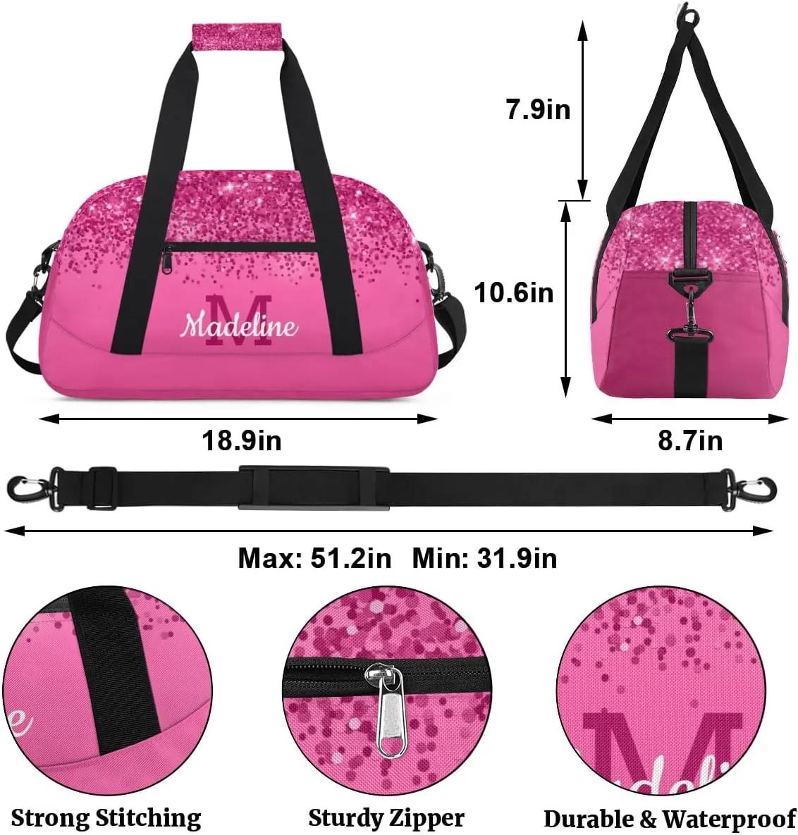 Personalized Kids Sports Duffel Bag with Name Custom Weekender Overnight Bag for Boys Girls Gym Bag Travel Dance Gymnastics Duffel Bag, DeepPink Glitter