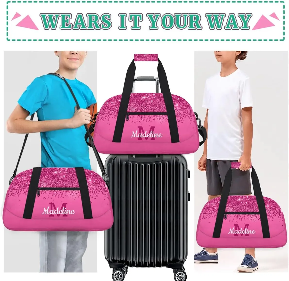 Personalized Kids Sports Duffel Bag with Name Custom Weekender Overnight Bag for Boys Girls Gym Bag Travel Dance Gymnastics Duffel Bag, DeepPink Glitter