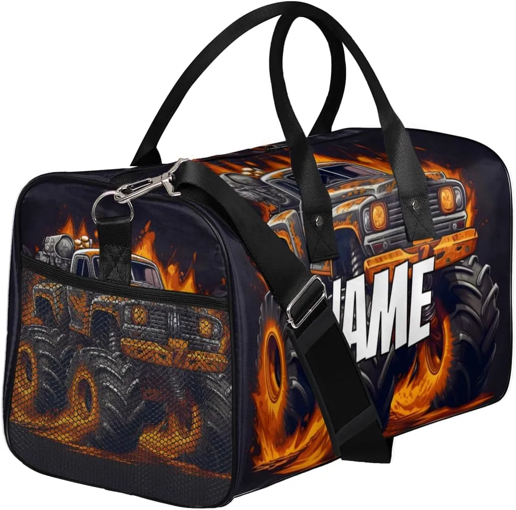 Personalized Monster Truck Travel Duffel Bag with Name, Custom Gym Sport Bag Cartoon Modern Carry On Weekend Overnight Duffel Bag for Men Women