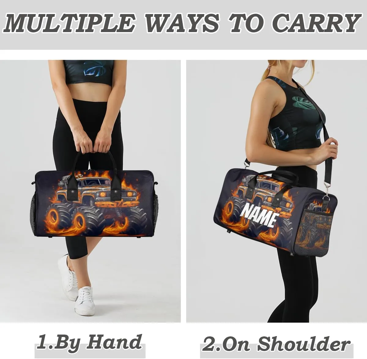 Personalized Monster Truck Travel Duffel Bag with Name, Custom Gym Sport Bag Cartoon Modern Carry On Weekend Overnight Duffel Bag for Men Women