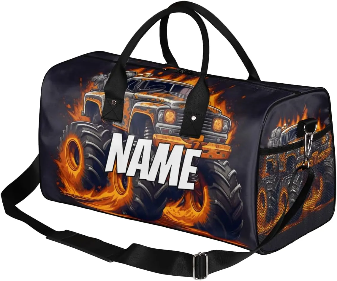 Personalized Monster Truck Travel Duffel Bag with Name, Custom Gym Sport Bag Cartoon Modern Carry On Weekend Overnight Duffel Bag for Men Women
