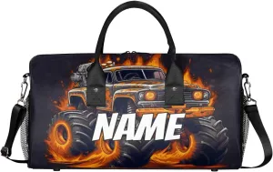 Personalized Monster Truck Travel Duffel Bag with Name, Custom Gym Sport Bag Cartoon Modern Carry On Weekend Overnight Duffel Bag for Men Women