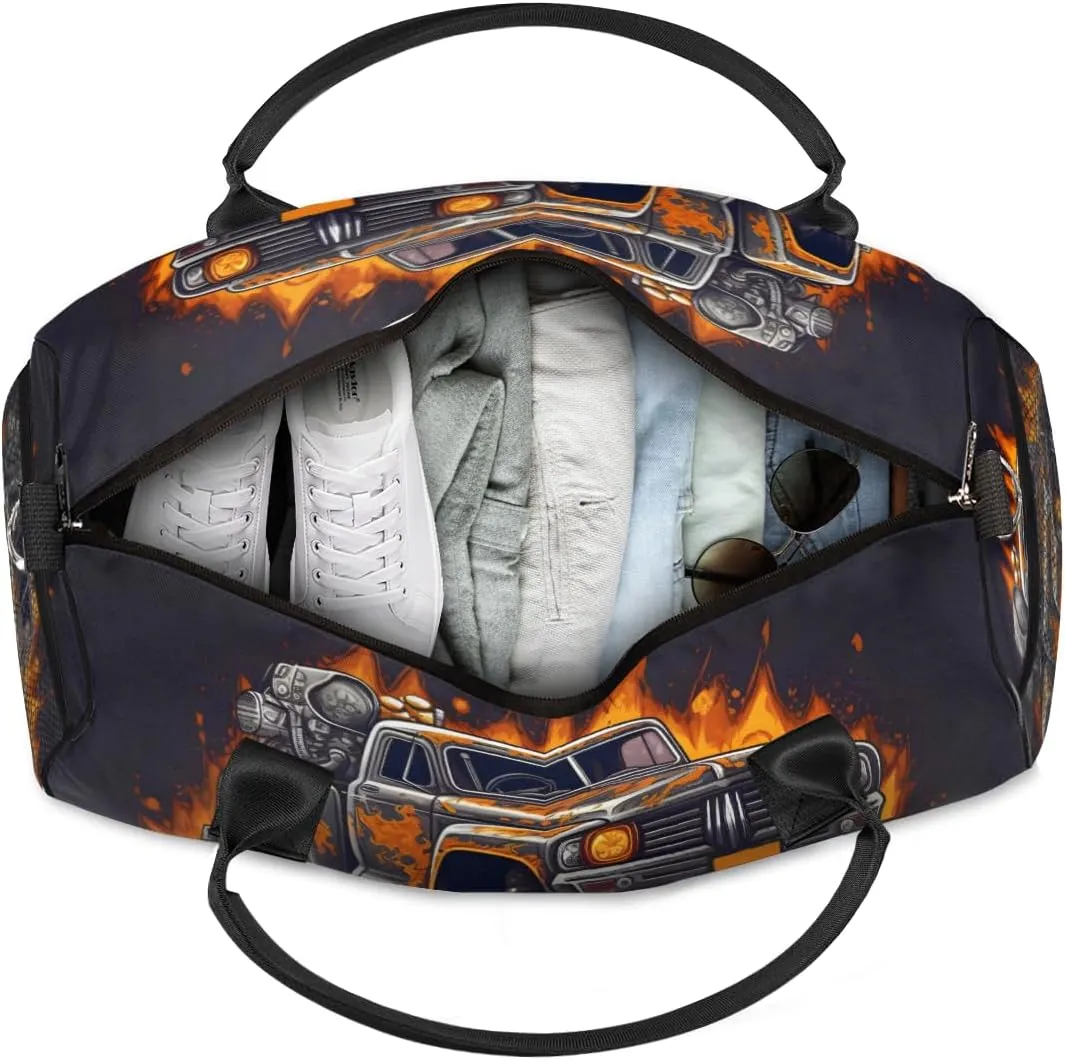 Personalized Monster Truck Travel Duffel Bag with Name, Custom Gym Sport Bag Cartoon Modern Carry On Weekend Overnight Duffel Bag for Men Women