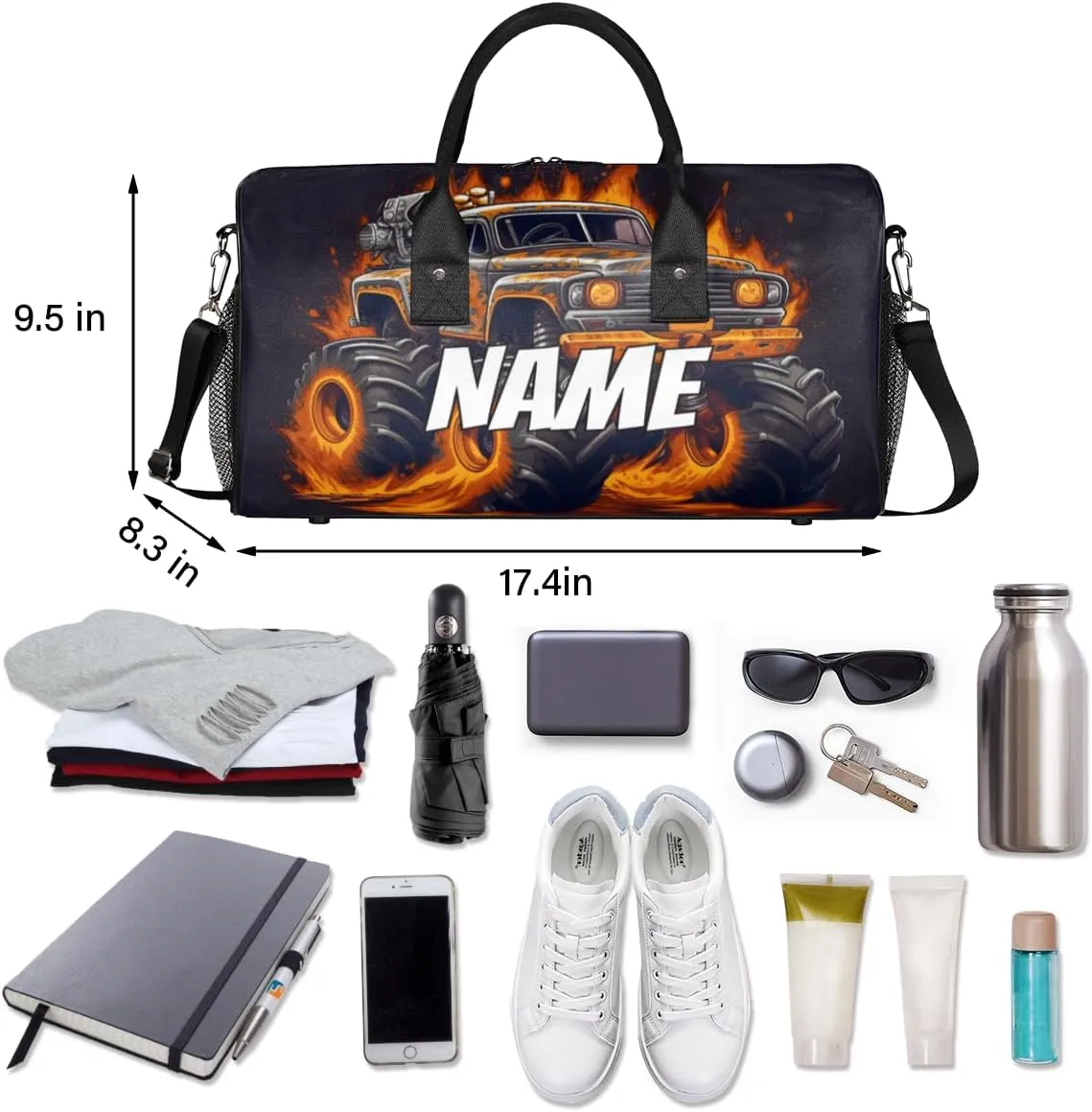 Personalized Monster Truck Travel Duffel Bag with Name, Custom Gym Sport Bag Cartoon Modern Carry On Weekend Overnight Duffel Bag for Men Women