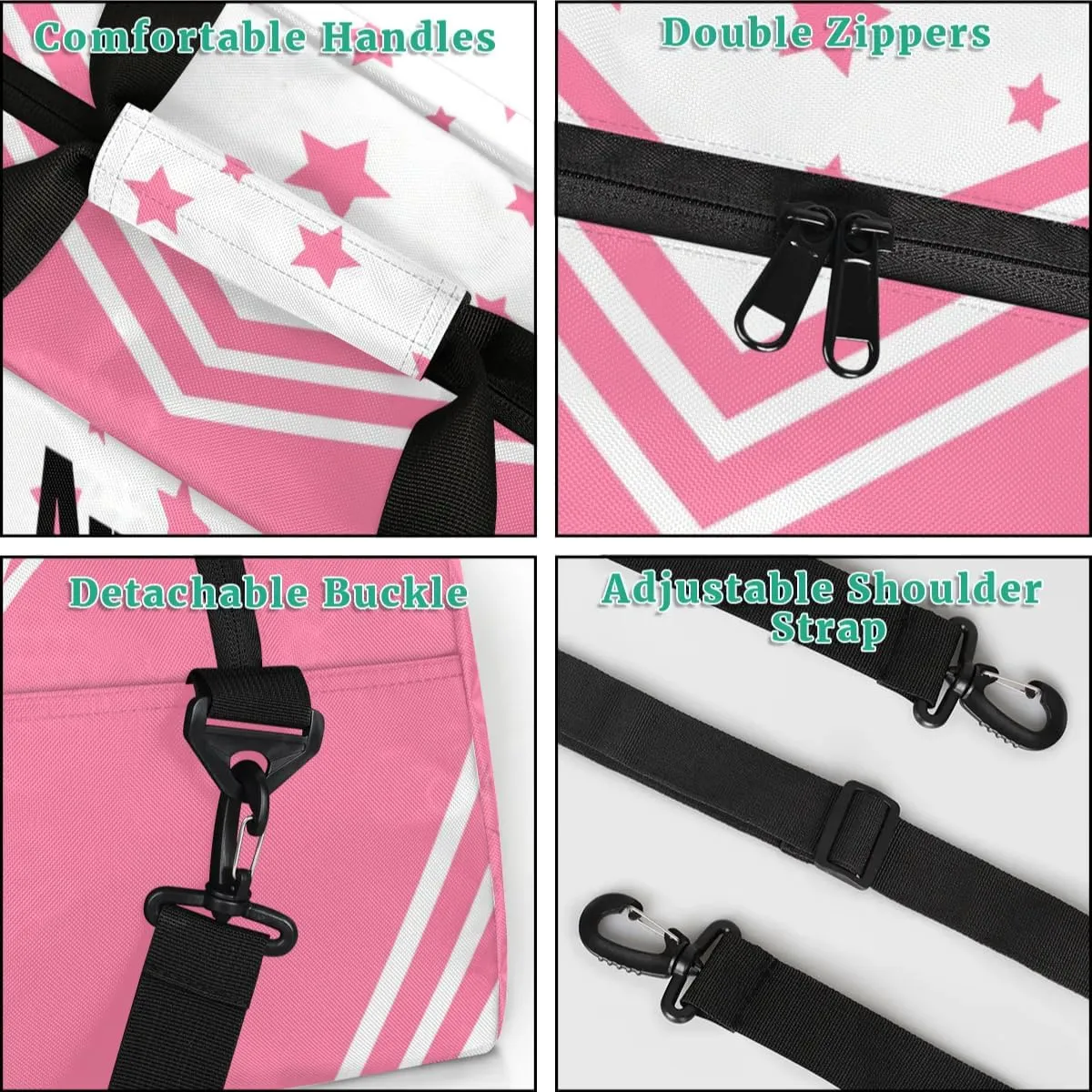 Personalized Name Pink Cheers Bag, Sport Personalized Gym Sport Duffel Cheerleading Bag Cheer Bag Travel Weekender Tote Carry-On Bag, Light Pink Background with Stars