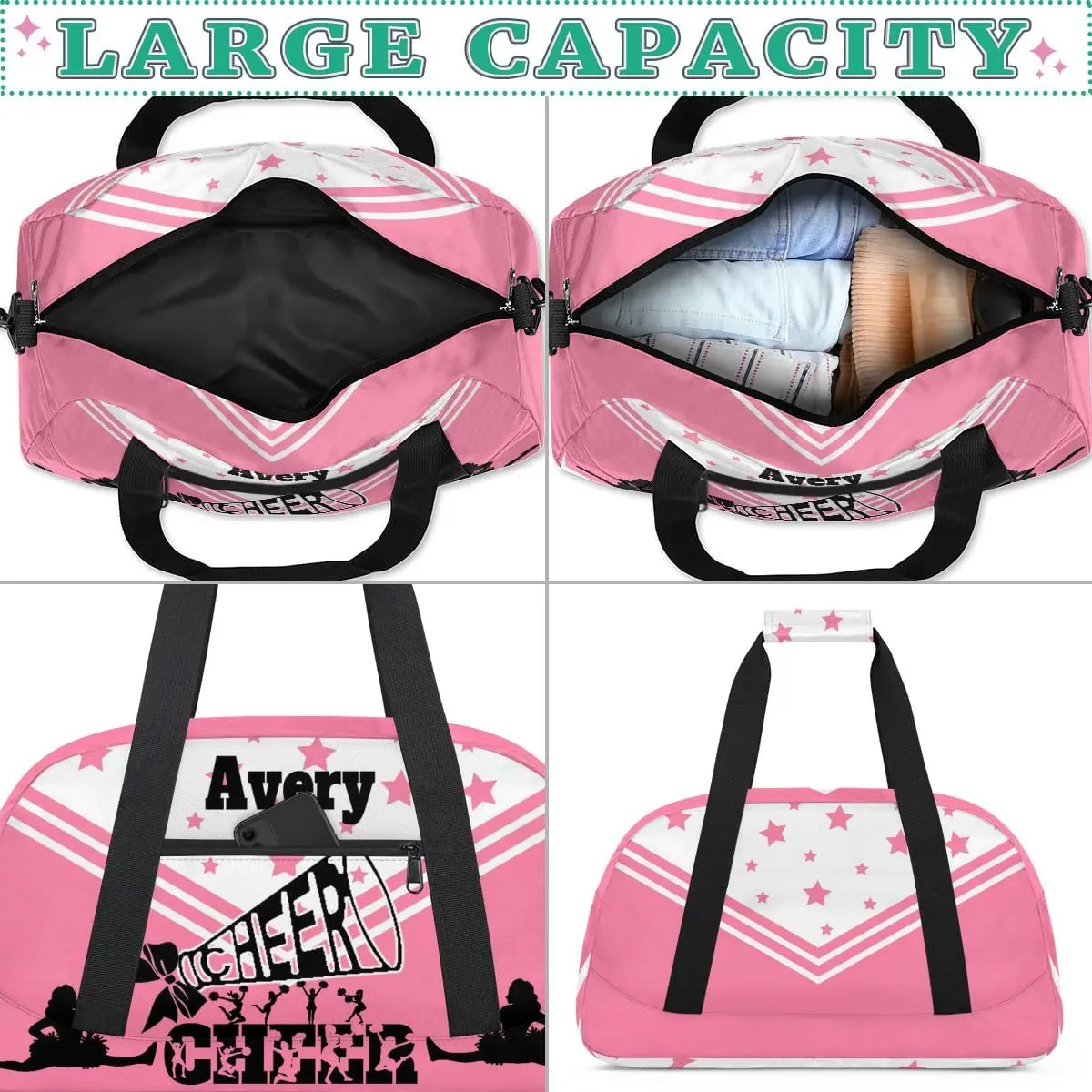 Personalized Name Pink Cheers Bag, Sport Personalized Gym Sport Duffel Cheerleading Bag Cheer Bag Travel Weekender Tote Carry-On Bag, Light Pink Background with Stars