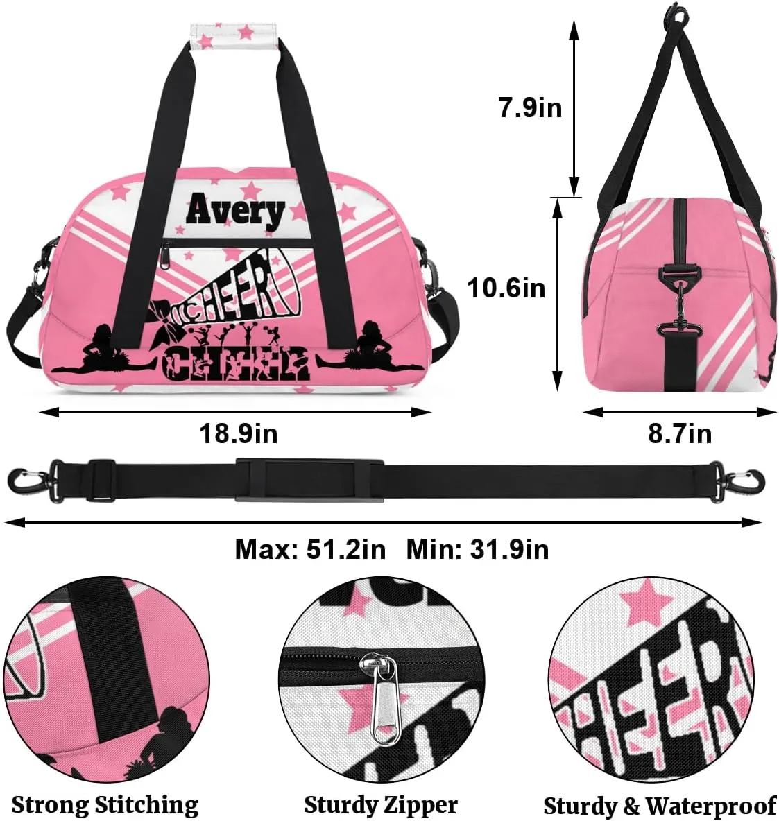 Personalized Name Pink Cheers Bag, Sport Personalized Gym Sport Duffel Cheerleading Bag Cheer Bag Travel Weekender Tote Carry-On Bag, Light Pink Background with Stars