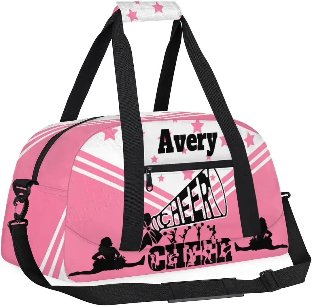 Personalized Name Pink Cheers Bag, Sport Personalized Gym Sport Duffel Cheerleading Bag Cheer Bag Travel Weekender Tote Carry-On Bag, Light Pink Background with Stars