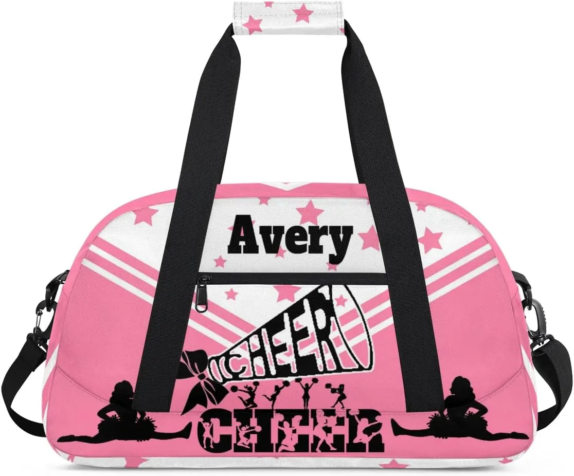 Personalized Name Pink Cheers Bag, Sport Personalized Gym Sport Duffel Cheerleading Bag Cheer Bag Travel Weekender Tote Carry-On Bag, Light Pink Background with Stars