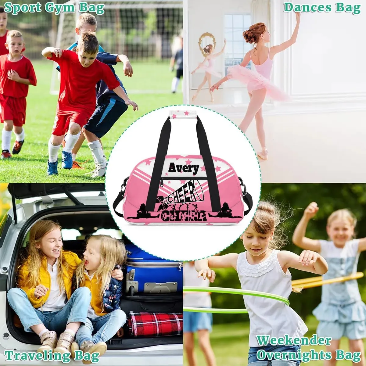 Personalized Name Pink Cheers Bag, Sport Personalized Gym Sport Duffel Cheerleading Bag Cheer Bag Travel Weekender Tote Carry-On Bag, Light Pink Background with Stars