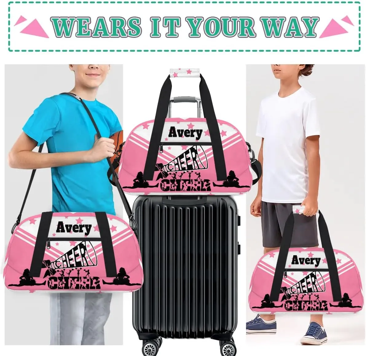 Personalized Name Pink Cheers Bag, Sport Personalized Gym Sport Duffel Cheerleading Bag Cheer Bag Travel Weekender Tote Carry-On Bag, Light Pink Background with Stars