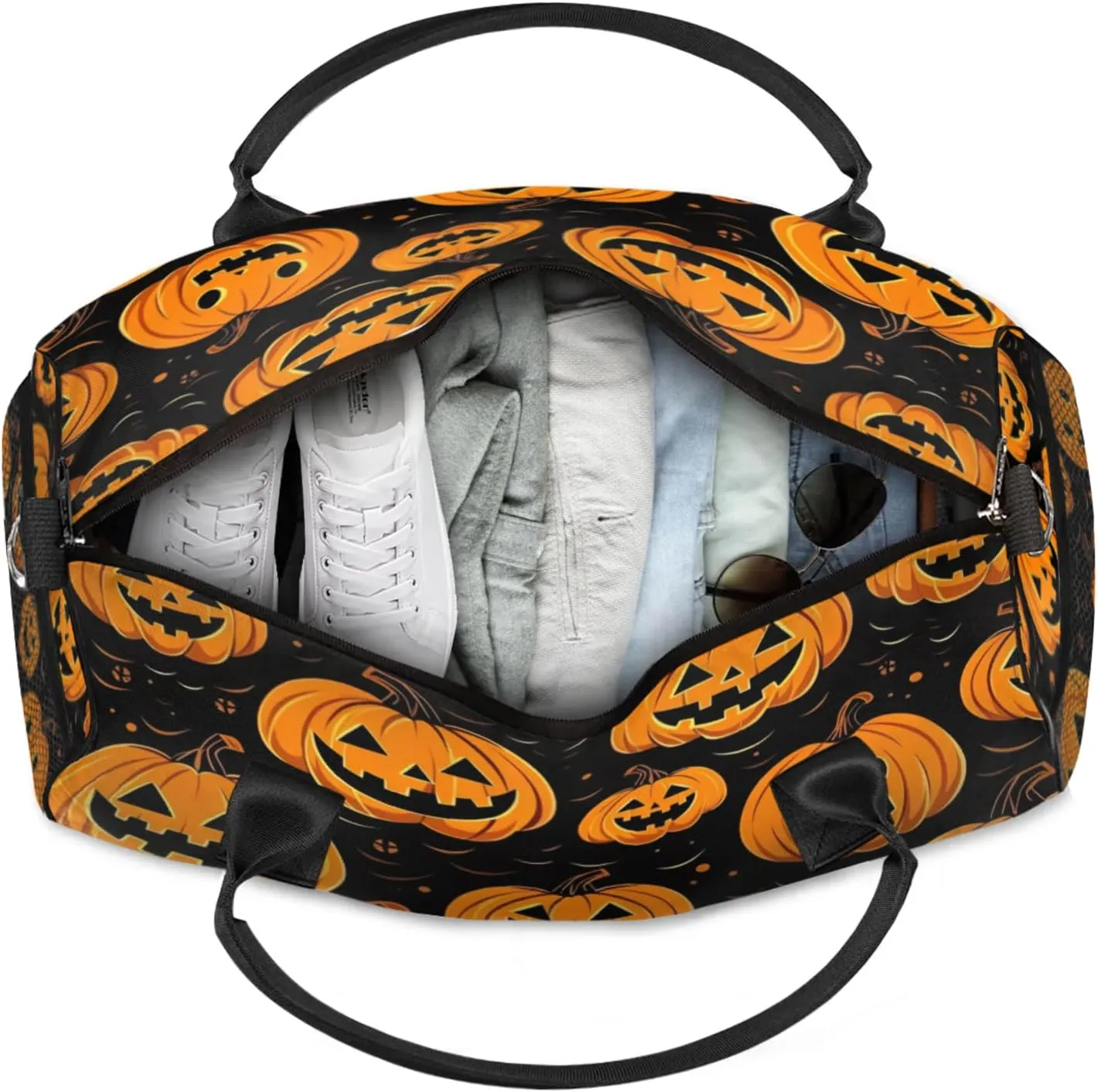 Personalized Pumpkin Retro Travel Duffel Bag with Name, Custom Gym Sport Bag Cartoon Halloween Carry On Weekend Overnight Duffel Bag for Men Women