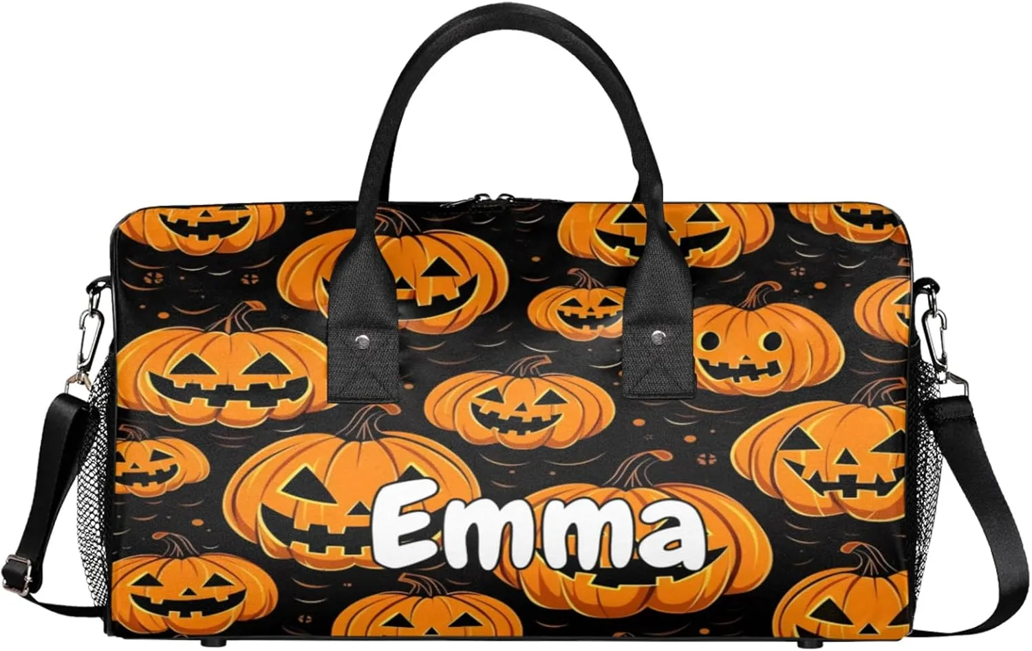 Personalized Pumpkin Retro Travel Duffel Bag with Name, Custom Gym Sport Bag Cartoon Halloween Carry On Weekend Overnight Duffel Bag for Men Women