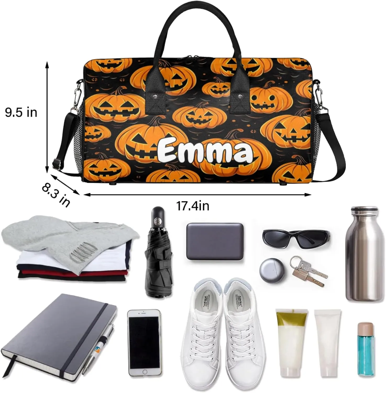 Personalized Pumpkin Retro Travel Duffel Bag with Name, Custom Gym Sport Bag Cartoon Halloween Carry On Weekend Overnight Duffel Bag for Men Women