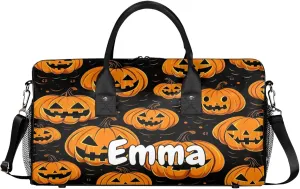Personalized Pumpkin Retro Travel Duffel Bag with Name, Custom Gym Sport Bag Cartoon Halloween Carry On Weekend Overnight Duffel Bag for Men Women