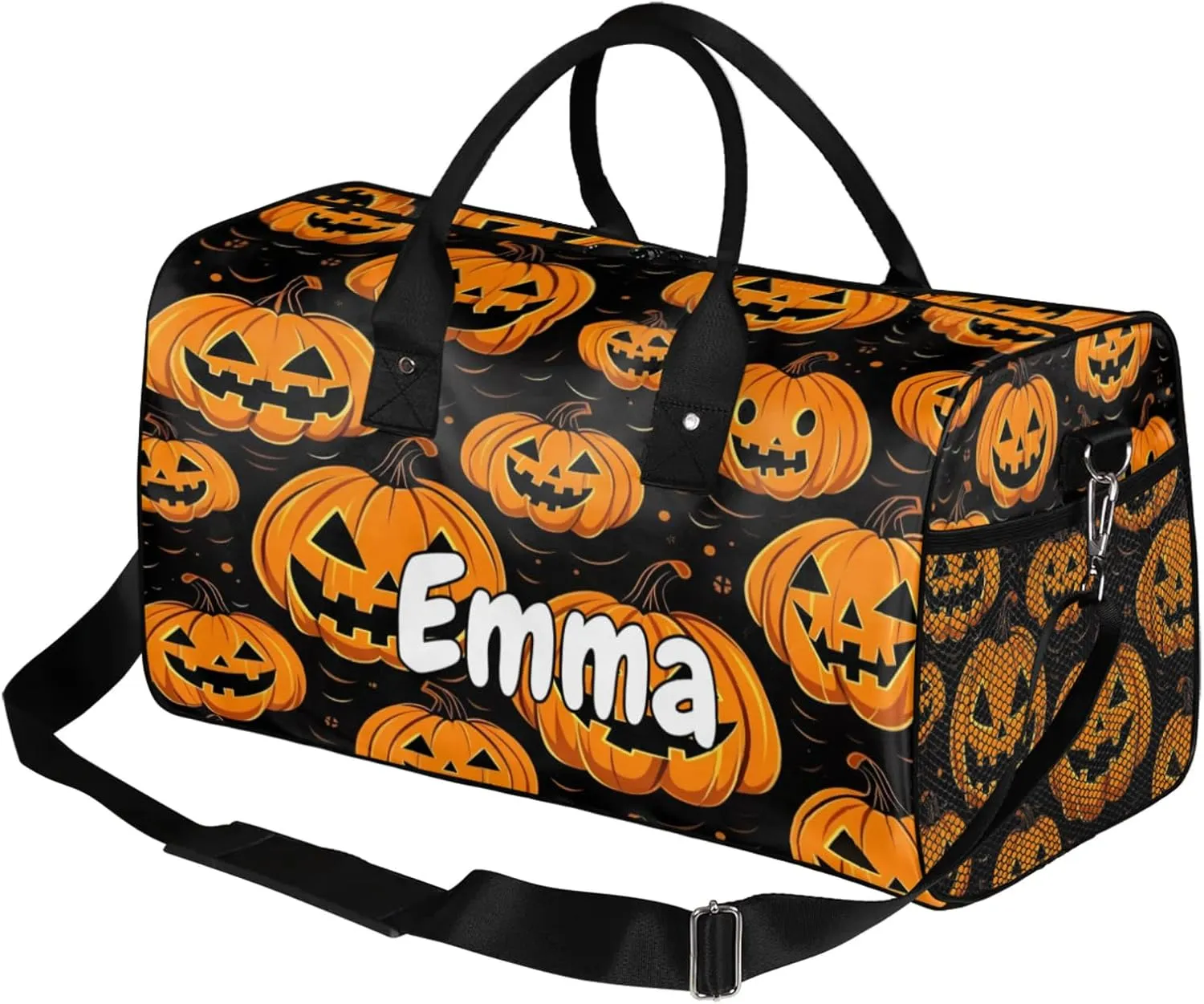 Personalized Pumpkin Retro Travel Duffel Bag with Name, Custom Gym Sport Bag Cartoon Halloween Carry On Weekend Overnight Duffel Bag for Men Women