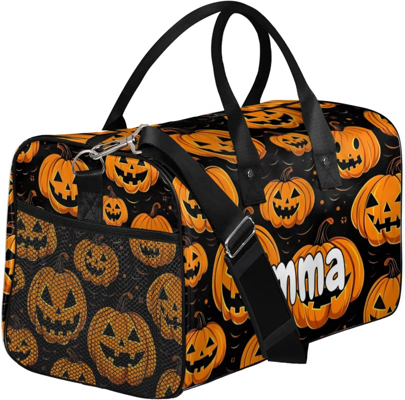 Personalized Pumpkin Retro Travel Duffel Bag with Name, Custom Gym Sport Bag Cartoon Halloween Carry On Weekend Overnight Duffel Bag for Men Women