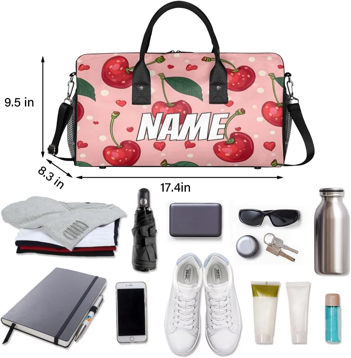 Personalized Red Cherry Travel Duffel Bag with Name, Custom Gym Sport Bag Summer Fruits Carry On Weekend Overnight Duffel Bag for Men Women