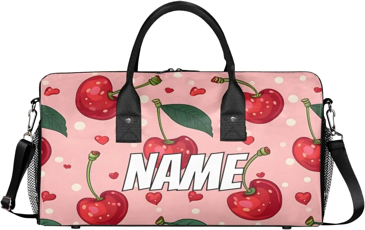 Personalized Red Cherry Travel Duffel Bag with Name, Custom Gym Sport Bag Summer Fruits Carry On Weekend Overnight Duffel Bag for Men Women