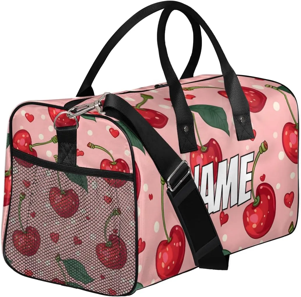 Personalized Red Cherry Travel Duffel Bag with Name, Custom Gym Sport Bag Summer Fruits Carry On Weekend Overnight Duffel Bag for Men Women