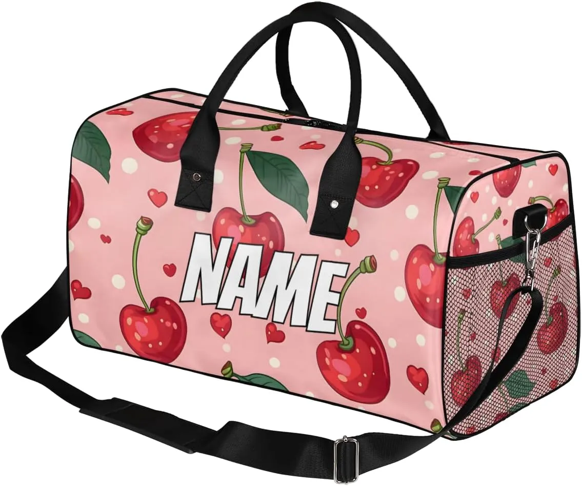 Personalized Red Cherry Travel Duffel Bag with Name, Custom Gym Sport Bag Summer Fruits Carry On Weekend Overnight Duffel Bag for Men Women