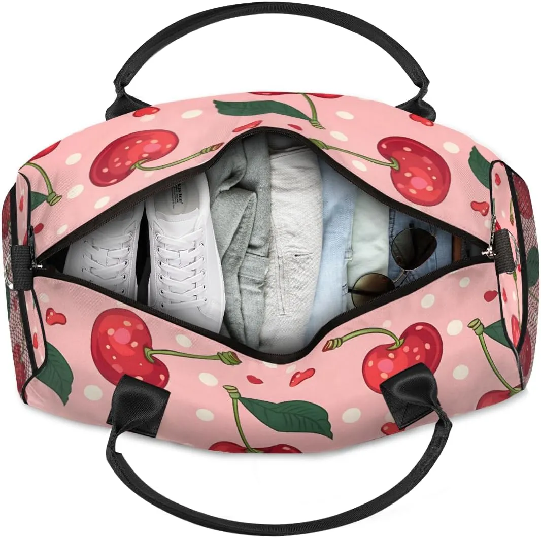 Personalized Red Cherry Travel Duffel Bag with Name, Custom Gym Sport Bag Summer Fruits Carry On Weekend Overnight Duffel Bag for Men Women