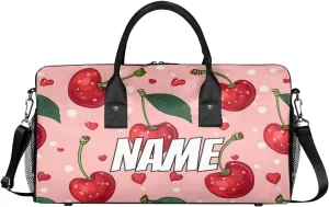 Personalized Red Cherry Travel Duffel Bag with Name, Custom Gym Sport Bag Summer Fruits Carry On Weekend Overnight Duffel Bag for Men Women