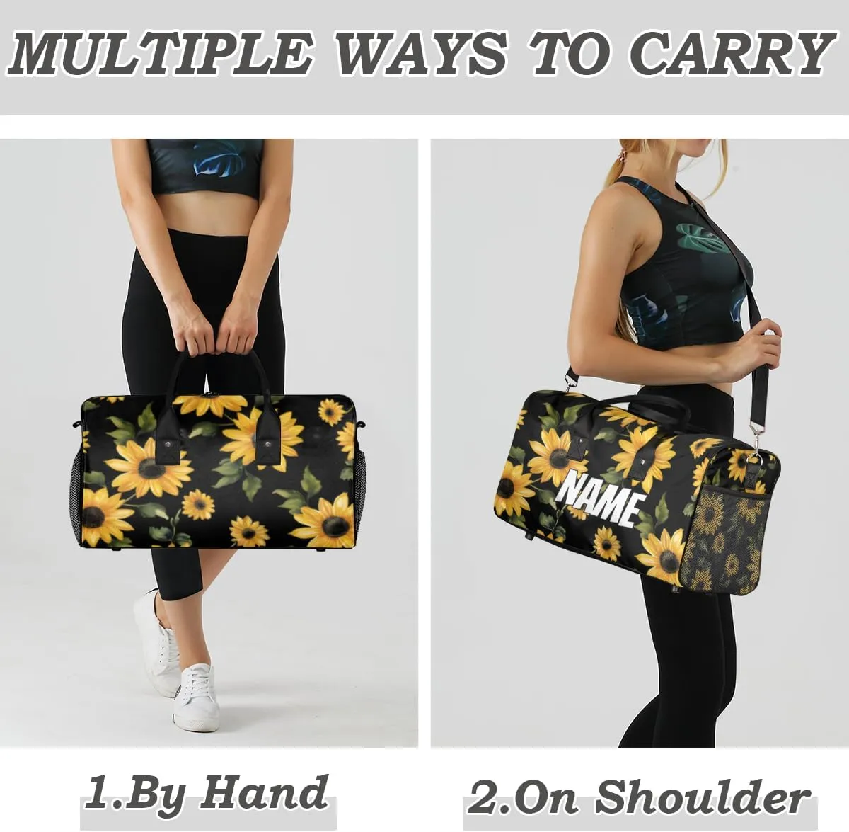 Personalized Retro Sunflowers Travel Duffel Bag with Name, Custom Gym Sport Bag Modern Floral Carry On Weekend Overnight Duffel Bag for Men Women