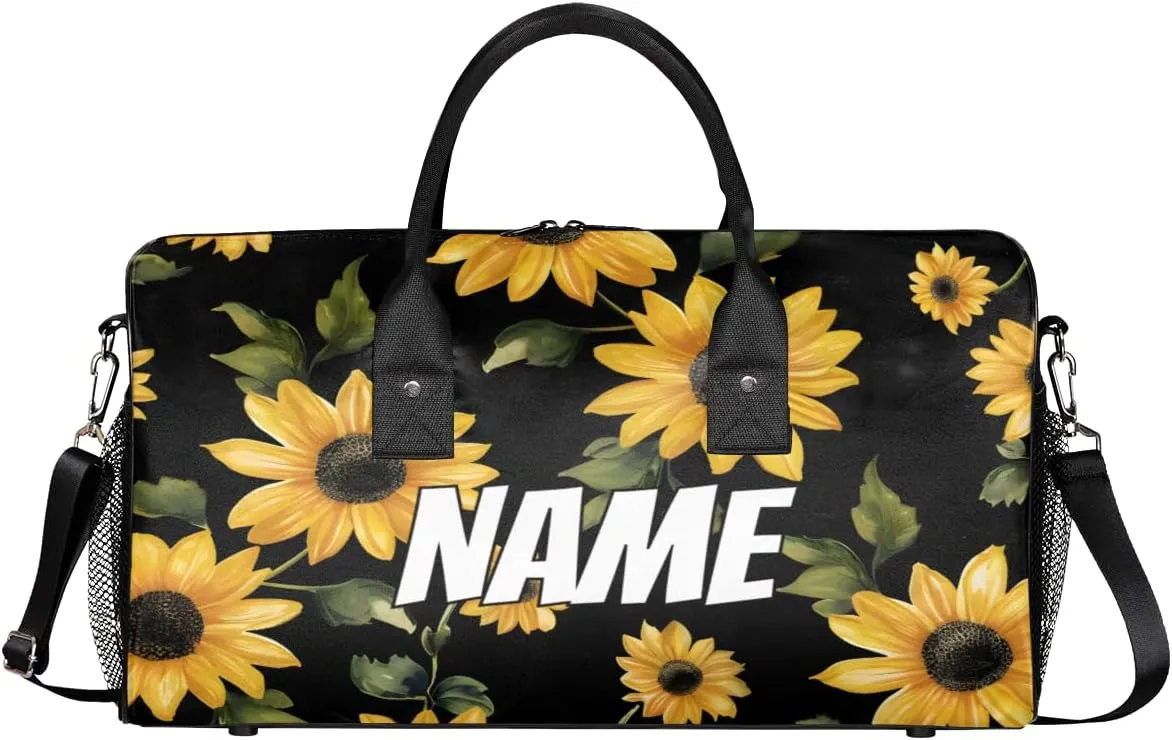 Personalized Retro Sunflowers Travel Duffel Bag with Name, Custom Gym Sport Bag Modern Floral Carry On Weekend Overnight Duffel Bag for Men Women