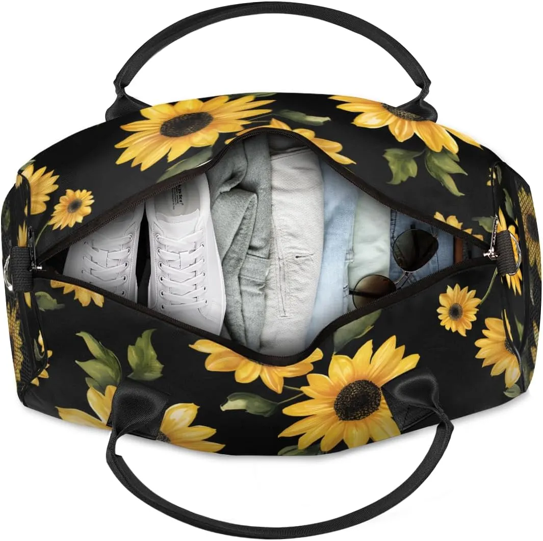 Personalized Retro Sunflowers Travel Duffel Bag with Name, Custom Gym Sport Bag Modern Floral Carry On Weekend Overnight Duffel Bag for Men Women