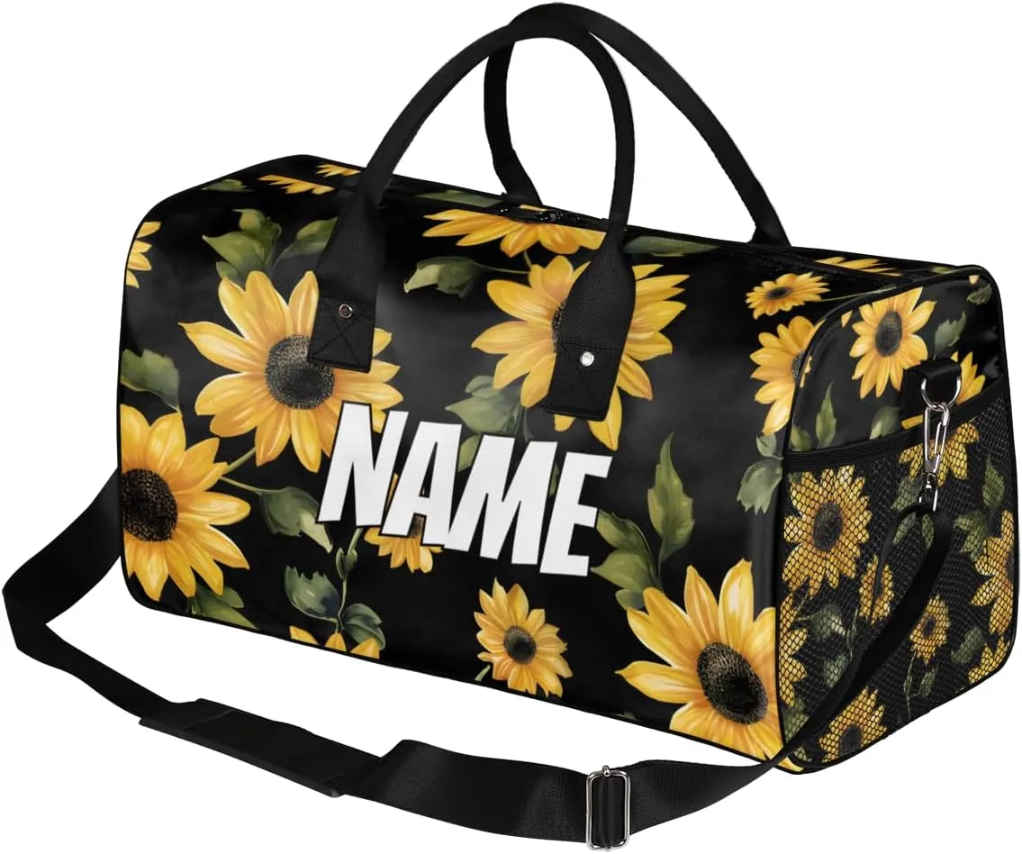 Personalized Retro Sunflowers Travel Duffel Bag with Name, Custom Gym Sport Bag Modern Floral Carry On Weekend Overnight Duffel Bag for Men Women