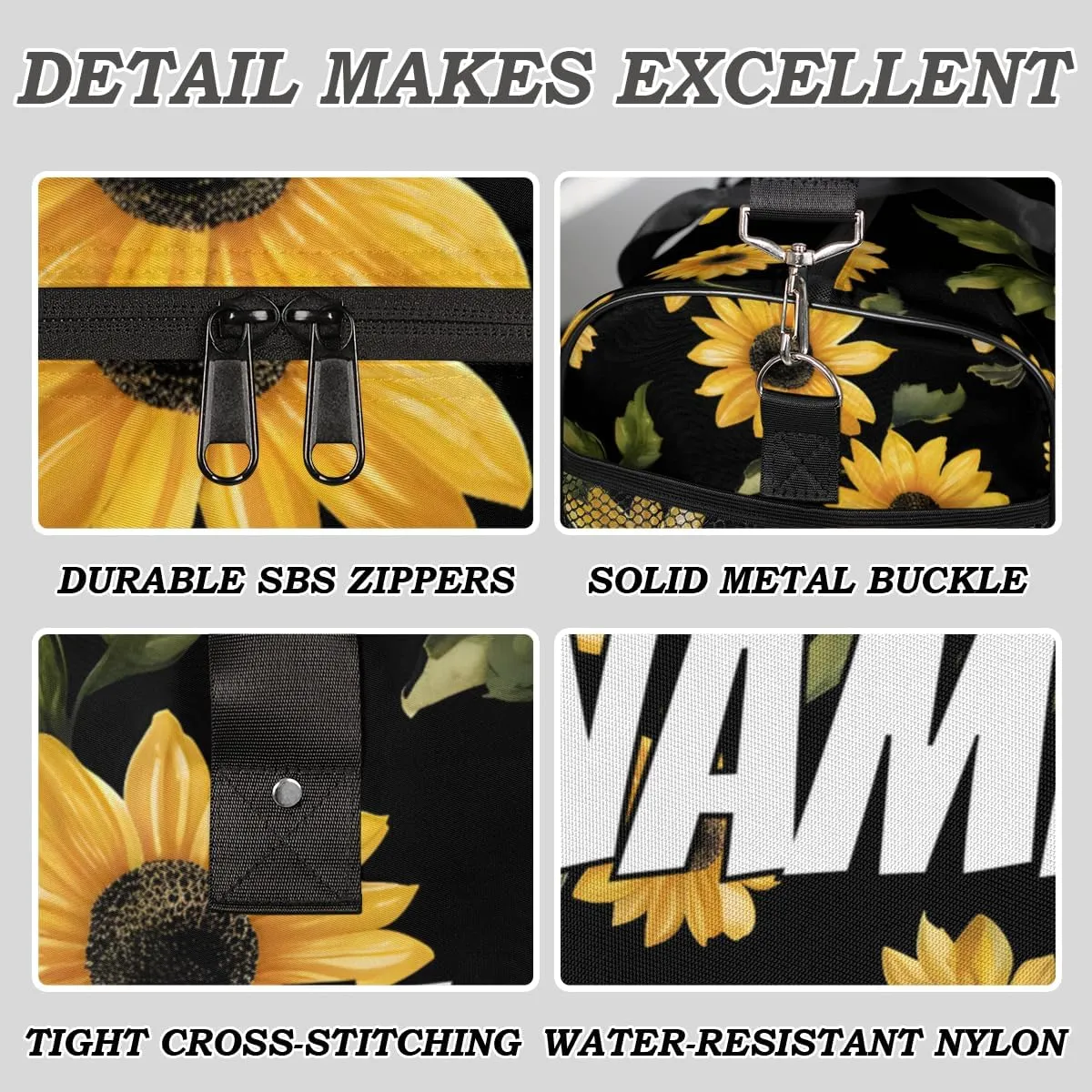 Personalized Retro Sunflowers Travel Duffel Bag with Name, Custom Gym Sport Bag Modern Floral Carry On Weekend Overnight Duffel Bag for Men Women
