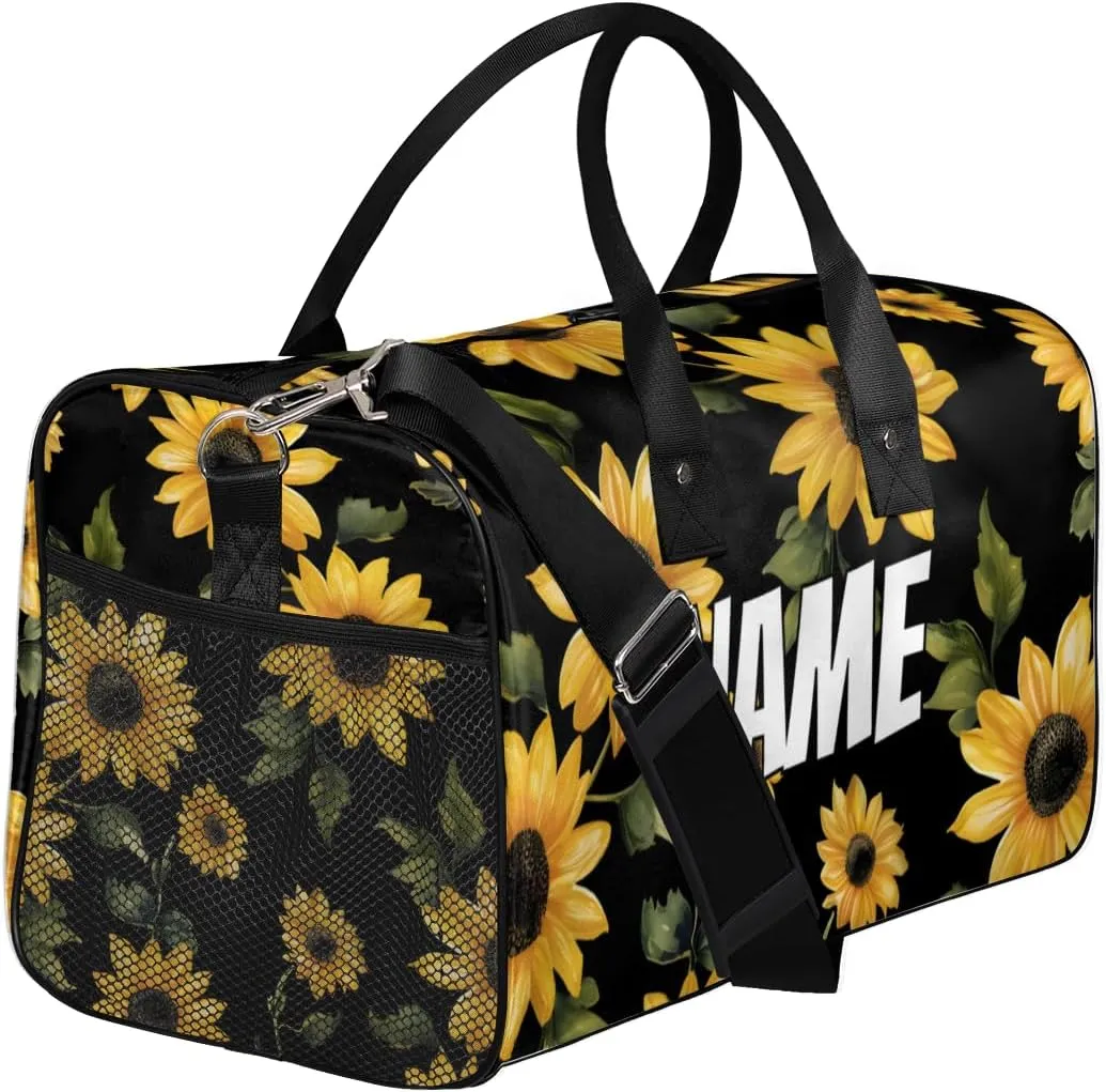 Personalized Retro Sunflowers Travel Duffel Bag with Name, Custom Gym Sport Bag Modern Floral Carry On Weekend Overnight Duffel Bag for Men Women