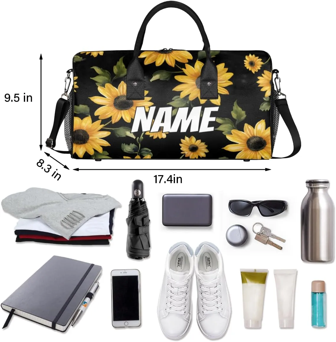 Personalized Retro Sunflowers Travel Duffel Bag with Name, Custom Gym Sport Bag Modern Floral Carry On Weekend Overnight Duffel Bag for Men Women