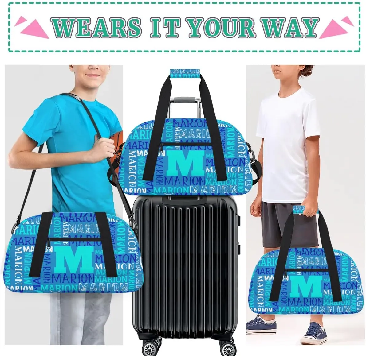 Personalized Sport Gym Bag Duffel Bag for Boys Girls, Custom Name Dance Bag Weekender Bags Travel Duffel Bag Tote Bag for Kids Blue White Text