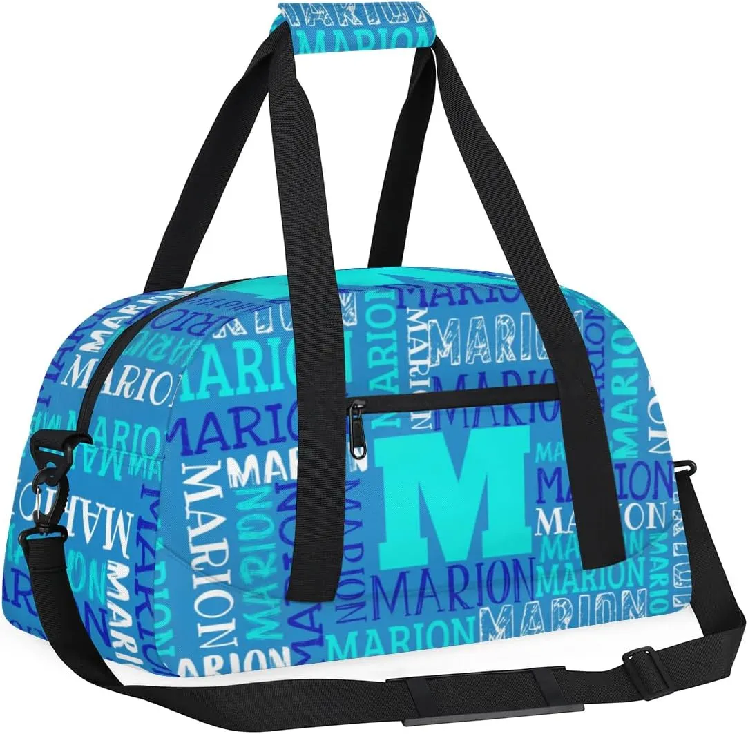 Personalized Sport Gym Bag Duffel Bag for Boys Girls, Custom Name Dance Bag Weekender Bags Travel Duffel Bag Tote Bag for Kids Blue White Text