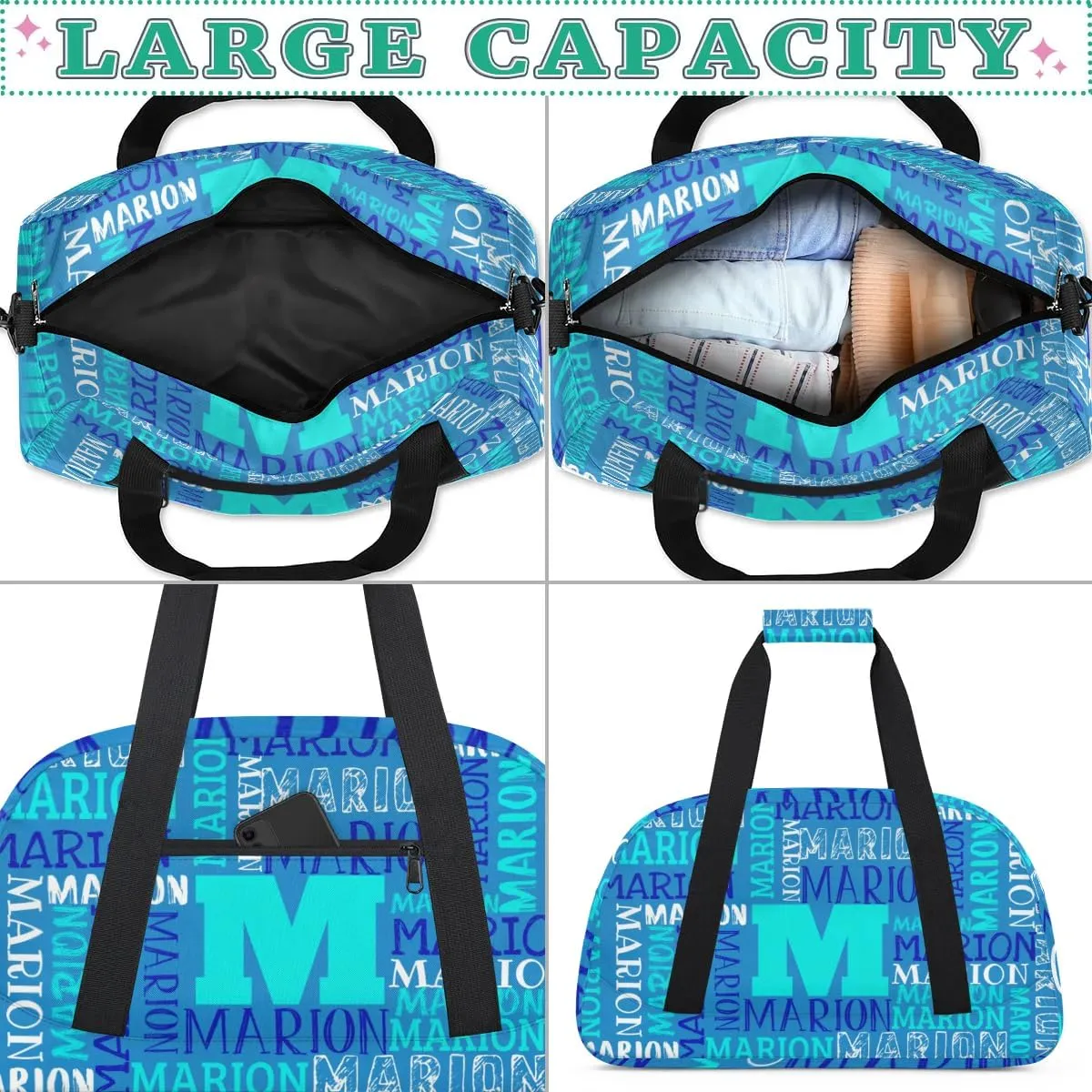 Personalized Sport Gym Bag Duffel Bag for Boys Girls, Custom Name Dance Bag Weekender Bags Travel Duffel Bag Tote Bag for Kids Blue White Text