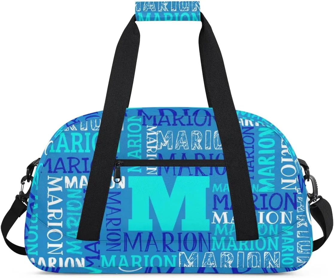 Personalized Sport Gym Bag Duffel Bag for Boys Girls, Custom Name Dance Bag Weekender Bags Travel Duffel Bag Tote Bag for Kids Blue White Text