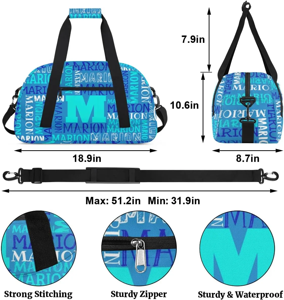 Personalized Sport Gym Bag Duffel Bag for Boys Girls, Custom Name Dance Bag Weekender Bags Travel Duffel Bag Tote Bag for Kids Blue White Text
