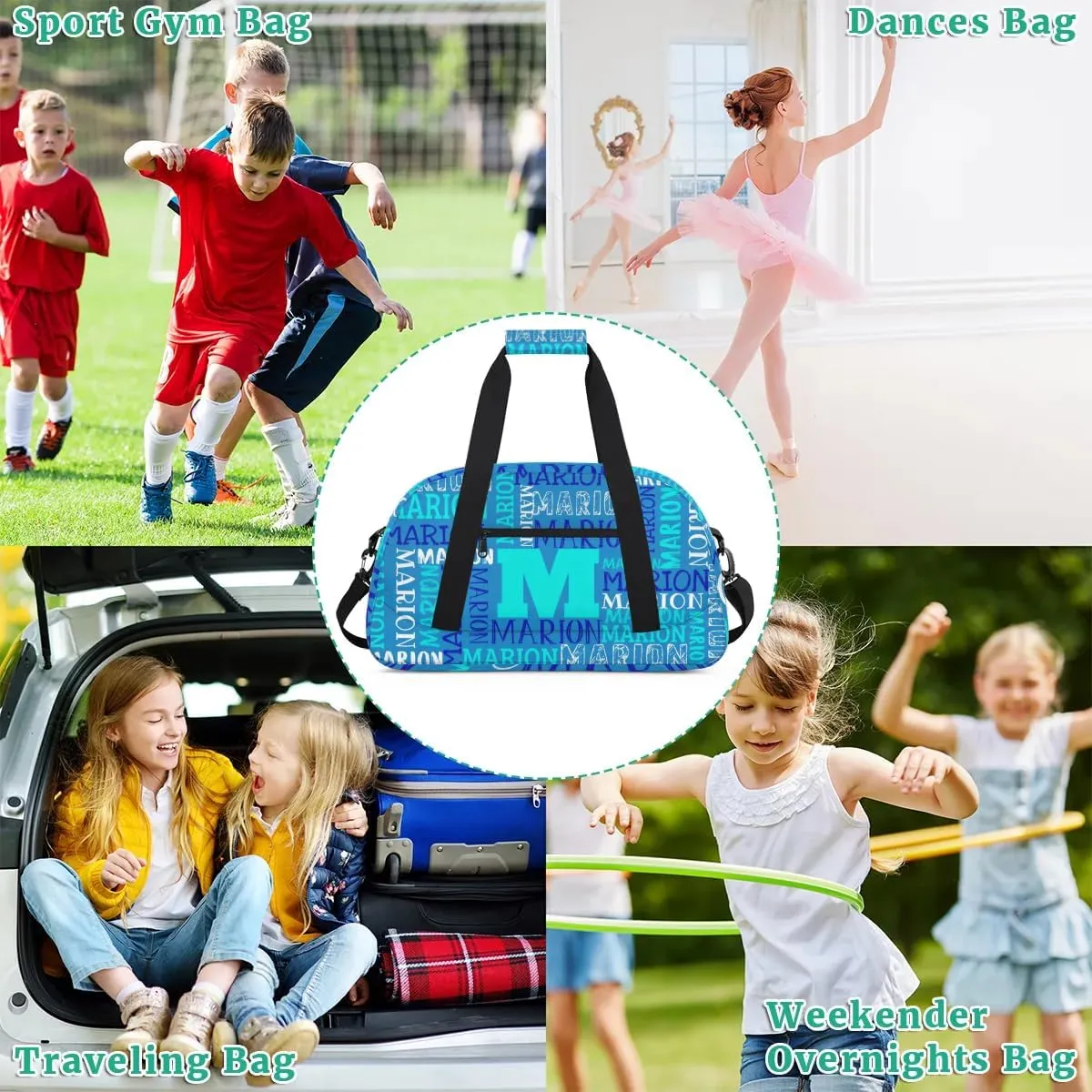 Personalized Sport Gym Bag Duffel Bag for Boys Girls, Custom Name Dance Bag Weekender Bags Travel Duffel Bag Tote Bag for Kids Blue White Text
